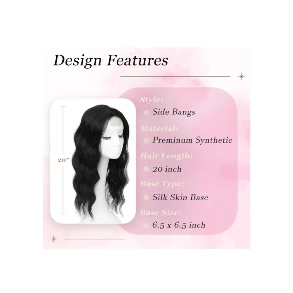 Wavy Black Hair Topper 20 Inch 3D‎ Crown Piece with Side Bangs Silk Base Clip In